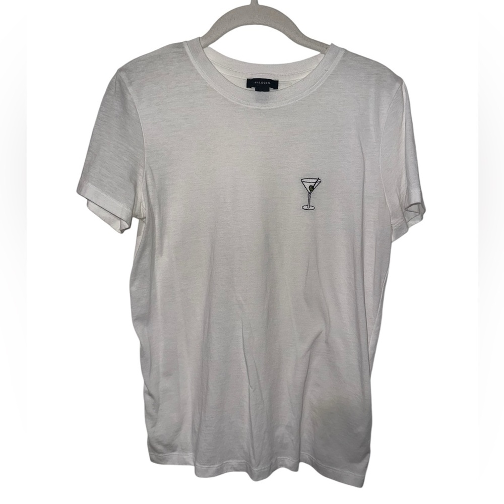 Halogen Women's Sz Med Martini Glass Embroidered T-Shirt Crew Neck Short Sleeve